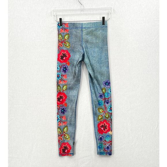 TEREZ Floral Embroidery Denim Print Leggings Womens XS Pull On Low Rise Ankle - Picture 4 of 14